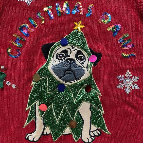 UGLY CHRISTMAS Sweater Vest M Pug Dog Embellished Sequin Metallic Knit Holiday - Picture 10 of 16